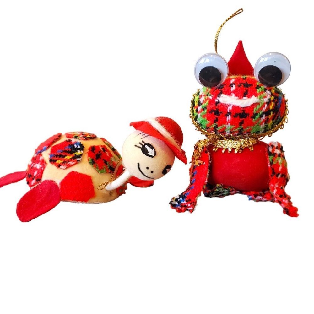 Vintage 70s Kitschy Christmas Ornaments Animals Turtle Frog Googly Eyes Japan